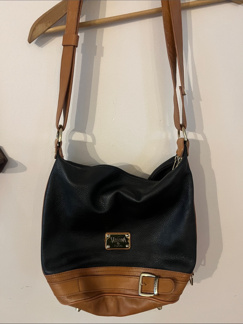 Valentina Black and Tan Leather Shoulder Bag with Gold Hardware
